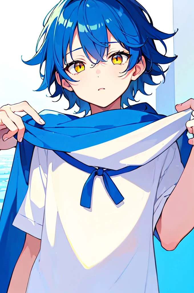 [(WHITE BACKGROUND:1.5),::5], ((((masterpiece)))), high quality, very_high_resolution, large_filesize, upper body, full color, ((Solo)), (()), 13 old year, men's short deepblue hair, vivid color, ((yellow eye)), Summer clothes white, animestyle,