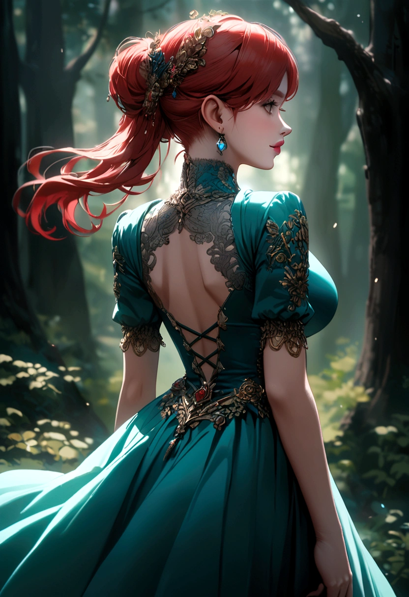 redhead woman , big tits, from behind, See the enchanted forest getting darker