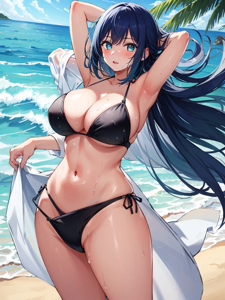 1girl, akane kurokawa, aqua eyes, blue hair, (medium hair), sidelocks, (blush:1.1),
BREAK (string bikini:1.2), (black bikini:1.2), Huge breasts, Thin waist, Wide hips, big inverted heart-shaped butt, Exposed skin, (Wet skin:1.3), (arms behind head, armpits), standing,
BREAK (sea:1.2), (beach:1.1), (solar:1.2), morning,
BREAK looking at viewer,
BREAK (masterpiece:1.2), best quality, high resolution, unity 8k wallpaper, (illustration:0.8), (beautiful detailed eyes:1.6), extremely detailed face, perfect lighting, extremely detailed CG, (perfect hands, perfect anatomy)