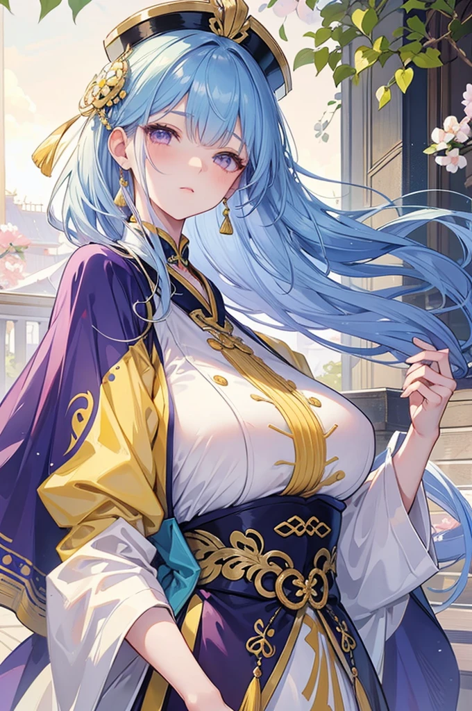 Yellow and light blue two-tone hair, purple eyes, Oriental-style clothes, Breasted women, E Cup, Yeouibong Peak, Balaur