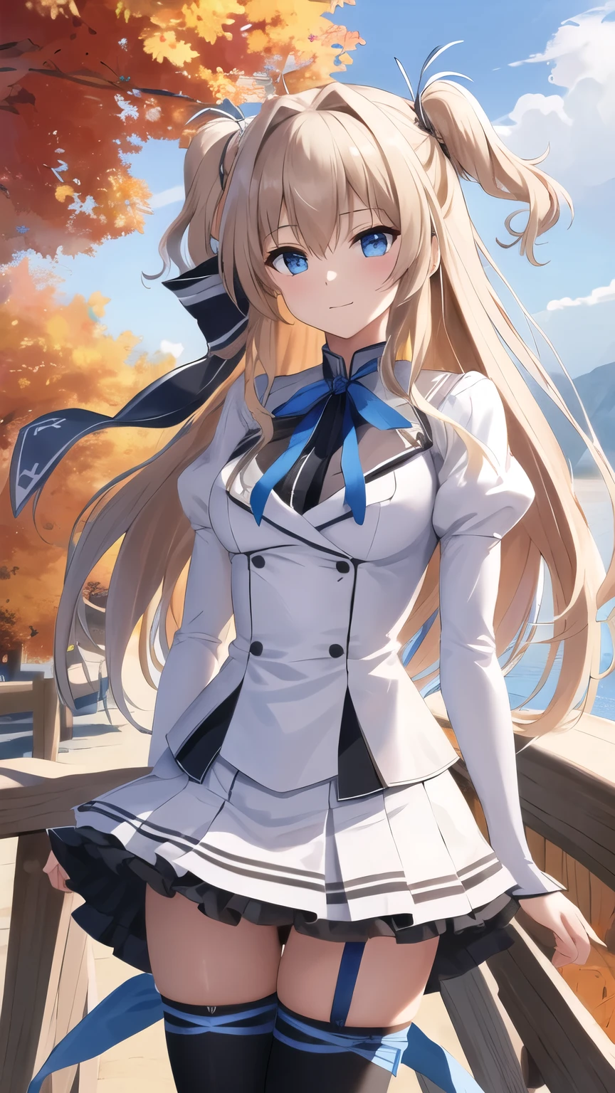 masterpiece, best quality, highres, 1girl, solo, long hair, blonde hair, two side up, (hair ribbon:1.1), blue eyes, neck ribbon, , white jacket, juliet sleeves, long sleeves, white skirt, thigh ribbon, black thighhighs, outdoors, cowboy shot, standing,