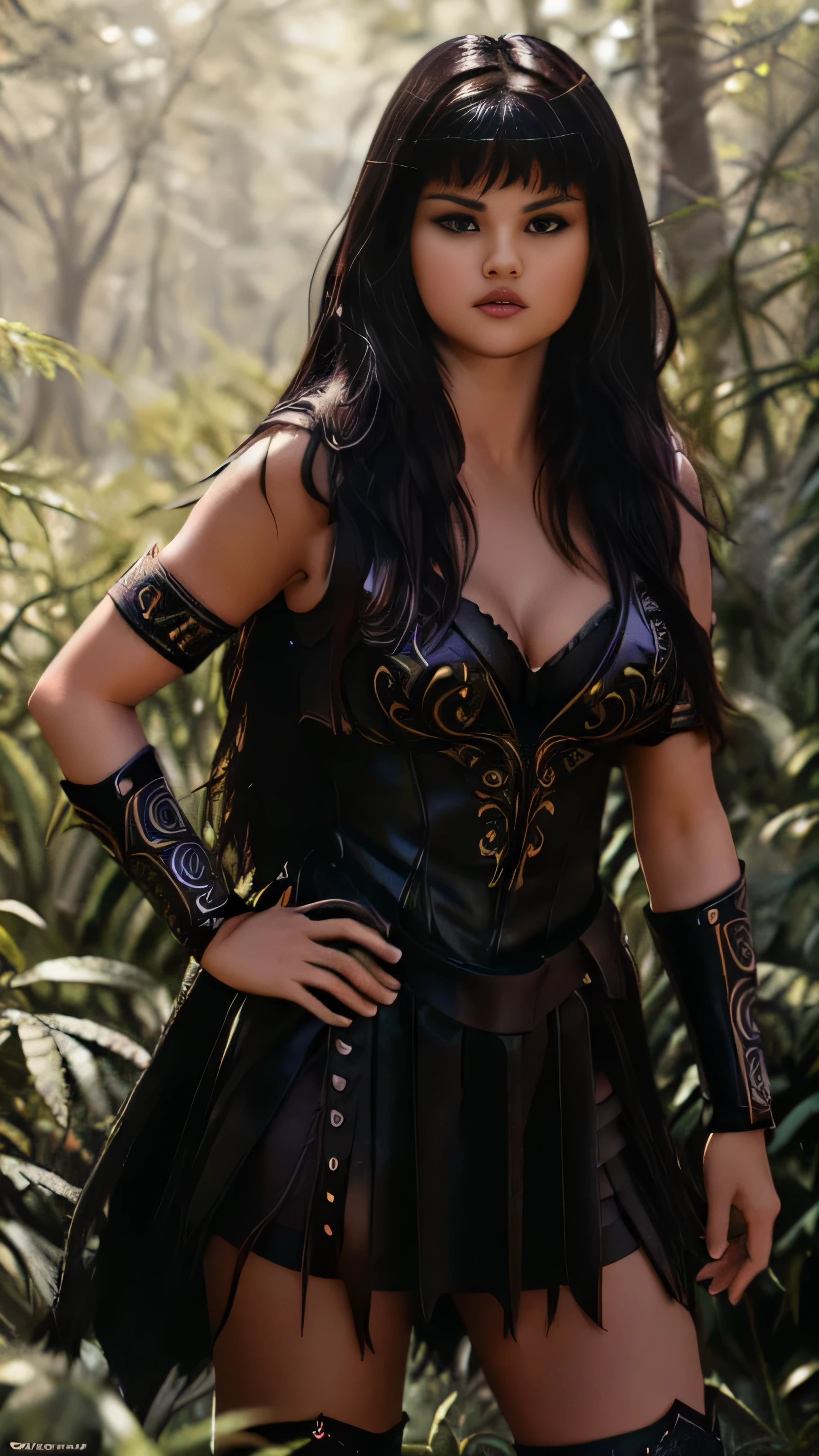 (Selena Gomez) as Xena, warrior princess, black long hair, bangs, dark brown armor, standing, in the forest, 1woman, solo, full body view, front view, looking at viewer, intricate, high detail, sharp focus, dramatic, photorealistic painting art by greg rutkowski