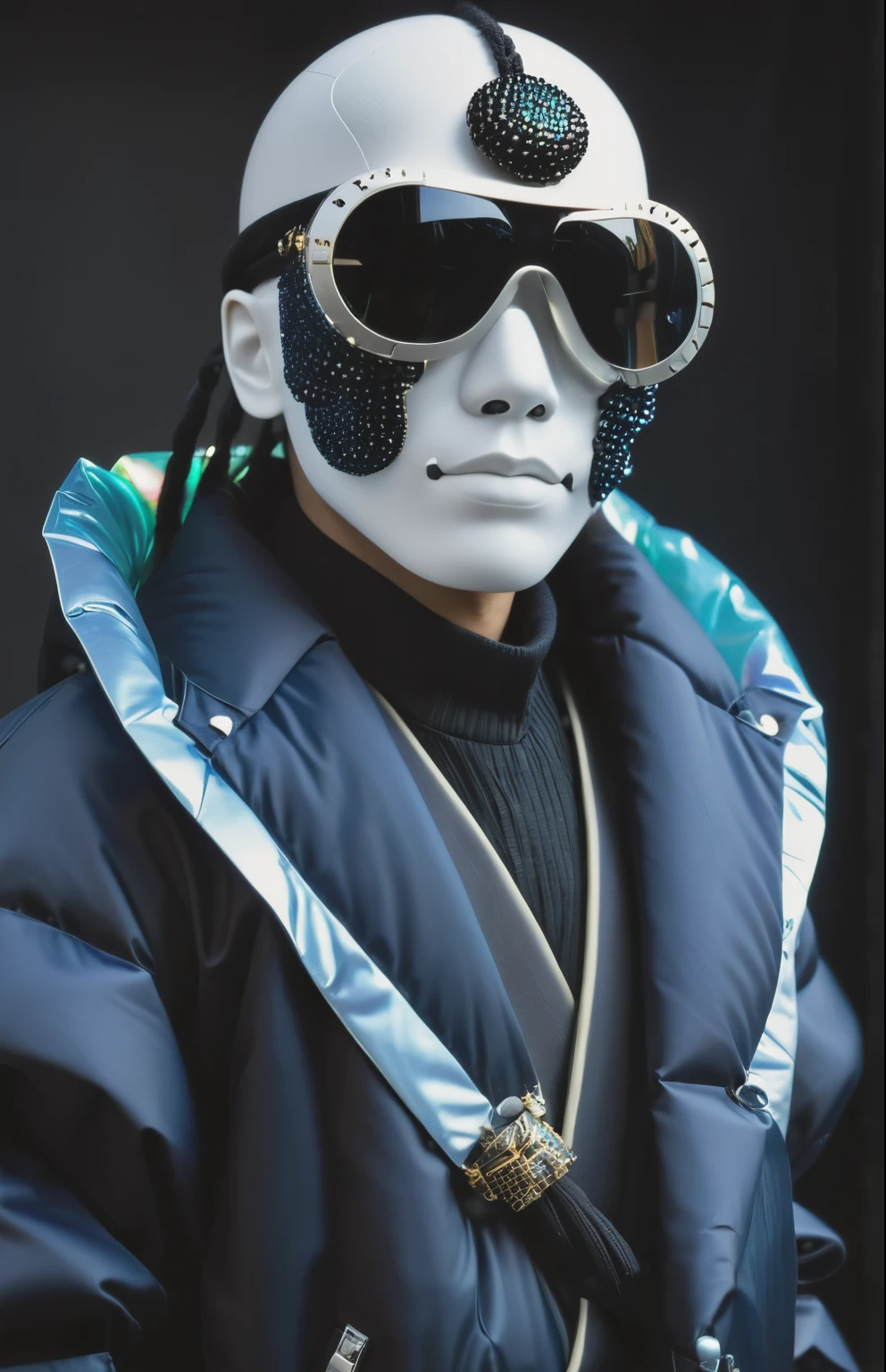 Fashion photo of a samurai wearing a weird futuristic mask, Ultra-minimalism, Intricate and tiny details, (Eyes hidden behind strange mask，The glasses are made of black diamonds，Glass adorned with gorgeous Korean street fashion，Integrate with local clothing:1.2), Hermaphroditic, Extreme Hip Hop, (Fluffy wrinkled fabric jacket:1.2), inflatable, (Delicate buttons everywhere、Ropes and zippers:1.2), clothing和布料上有许多复杂的褶皱作为细节, studio, 日本clothing, Dark navy gray background，With spotlight and sunshade, Dark Focus Vignette, food, shining, Psychedelic, clothing, Aperture 8, Surreal, Swiss design, old charismatic mechanic, pulsation, Future fashion shooting