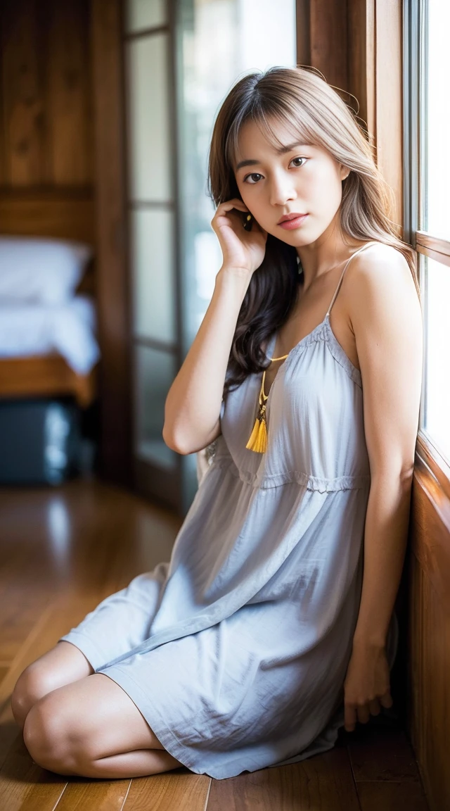 Dark brown hair、Light brown eyes、Japanese actress、 Lady、I am about 40 years old..、(Intricate details:1.2)、(Which one is on top??:1.4)、 (Ultra-high resolution:1.2)、Ultra-high resolution、(Finely tuned)、(Detailed facial features)、Hmph、8K resolution、D cup size breasts、Long Hair、Large windows、Extravagant space、relax、、,Full body photo、Head to toe shot、Beautiful legs、Camisole dress、Beautiful legs、A refreshing room filled with sunlight、she, household items, (plant:0.8), Fashion Hub, Extreme Detail, Very detailed, Realistic, Hourglass-shaped body, Obscene pose,、、私 cry a lot、tears、person on the left、White wall、White floor、diagonally from below、Please lift your chin、テーブルの上にsit、relaxした表情、Pose of Weakness、(auraroid photo:1.2)、From outside the window、Transparent Painting、8K、32k、Highest quality、(Details of both eyes)、1 Girl、elegant、(Loose dress :1.4)、sunset、sit、(Low Angle、From what angle do you see this?:1.2)、Hilarious、Leaning against a wall、