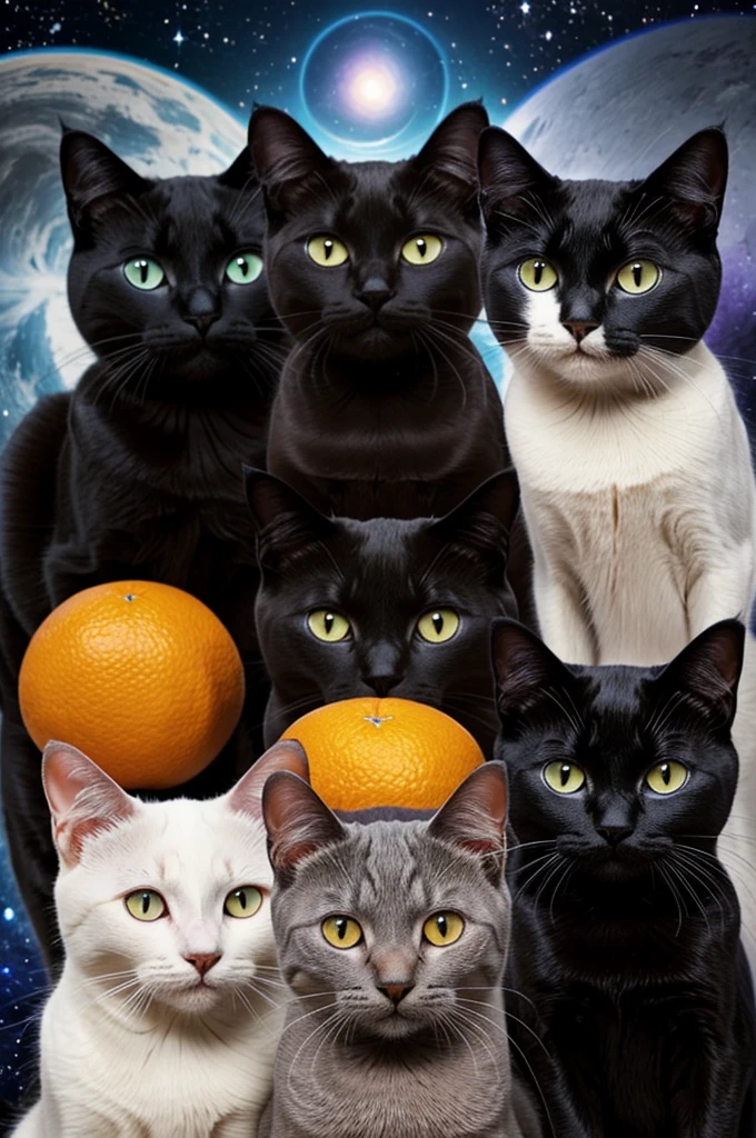 Image of three cats, a medium dark gray cat, a white cat with heterochromia, and a black cat with small orange spots (done with the Carey radius). Cats should be on a universe background with galaxies and stars. The background must have blue and purple colors.
