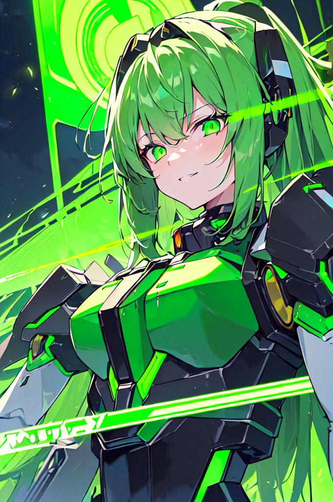 (((masterpiece))), (upper body), 1girl, solo, Green hair, long hair, Green eyes, (slant eyes), science fiction, ((Solo)), (mecha musume:1.5), mechanical parts, headgear, doragon mechanical tails, ((mechanical Black dragon Armor)), Evil smile face, (((neon light green))), Anime style