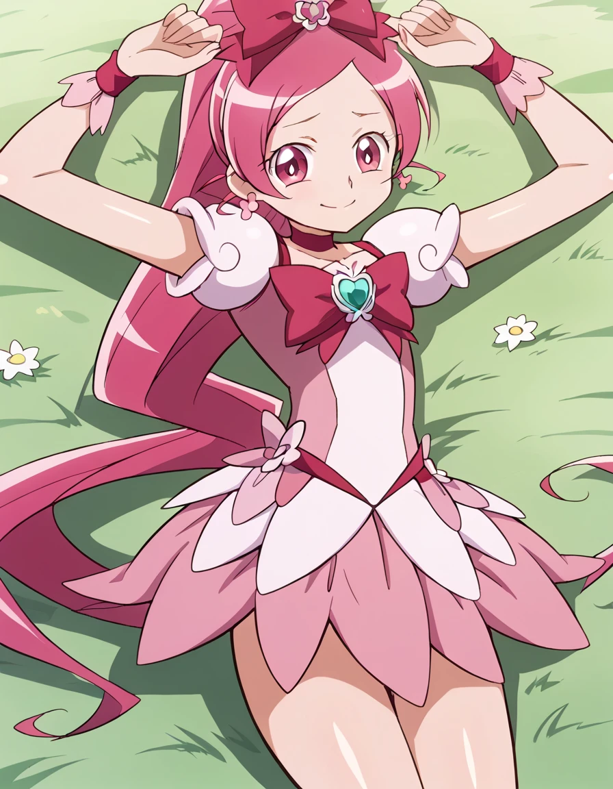 cureblossom, shiny skin, high quality, solo, lying, on back, arms up, spread arms, closed mouth, on grass, cowboy shot, looking at viewer, nervous, smile, best quality, center,
