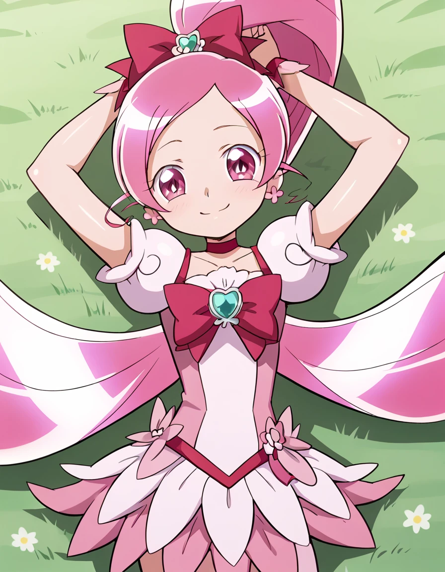 cureblossom, shiny skin, high quality, solo, lying, on back, arms up, spread arms, closed mouth, on grass, cowboy shot, looking at viewer, nervous, smile, best quality, center,