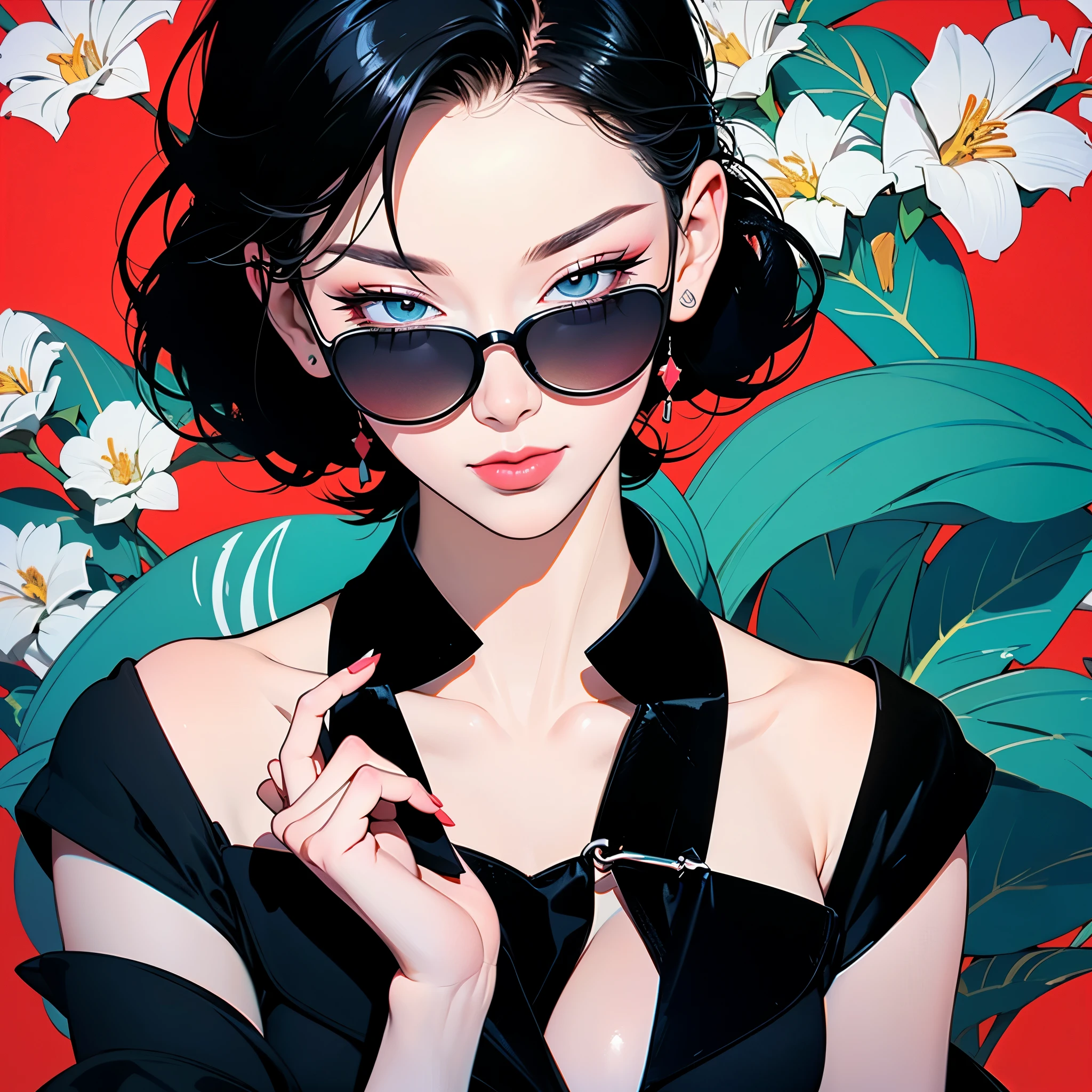 a woman in a navy blue dress standing in front of flowers, ((Art style by Patrick Nagel)), ((8k, wallpaper, detailed)), dark sunglasses, korean popstar, short black hair, pretty hands, fringe, simple red background, palm trees, (graffiti wall:1.2), strong, courageous, art by Patrick Nagel, album cover artwork