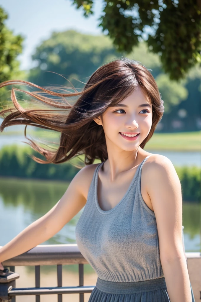 8K Super Resolution、Beauty、One Woman、Dark Brown Hair:1.1、Highly detailed face、Lips detail、important、(Eyes meet)、double eyelid、Princess Eyes、Beautiful Japanese Women、Beautiful Japanese Women、Sensual lips、Bewitching body、20th Generation、(21 years old)、far and near method、 Realistic Japanese women、Wearing a super realistic detailed tank top and mini skirt、Hair blowing in the wind、I can see your chest、Crisp images、The delicate sparkle of the eyes、Ultra-realistic detailed park with river、color々Hair style、Smiling with a nice smile、There is a thick fog in the background、Fantastic landscape、