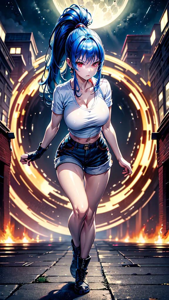 (masterpiece, highest quality, ultra high res, ultra detailed:1.3), 1 cute girl, ideal ratio body proportions, red eyes, (blue hair:1.2), high ponytail, unruly hair, military suit, short sleeves, military short pants, military boots, bare shoulders, bare arms, bare legs, open finger gloves, dog tag, earrings, full moon, night time, clothes covered nipples, 