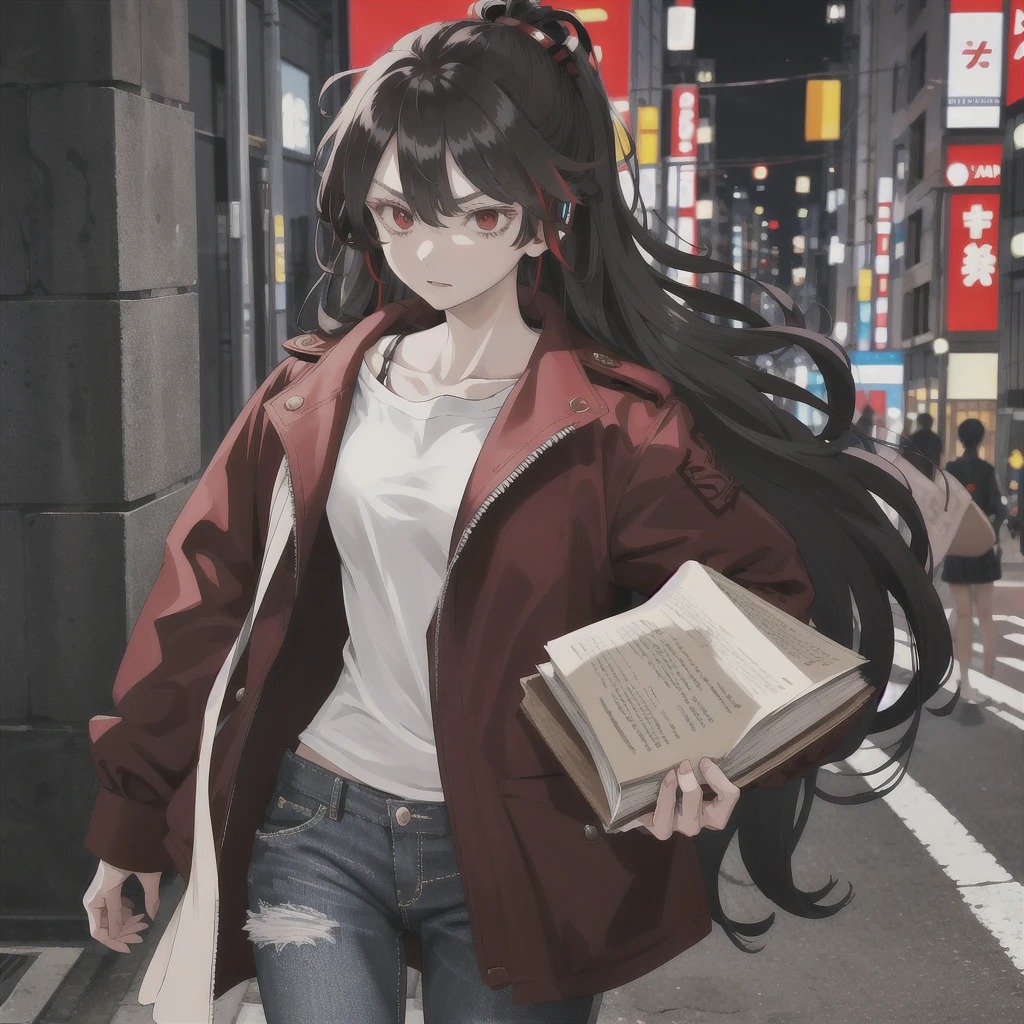 Tokyo Revengers screenshot. 16 year old girl, long straight black hair with red and white highlights and bangs. She has red eyes and has a serious expression, while she held a book in her hand. She is dressed in a black trench coat with urban details, underneath she has a loose white t-shirt and baggy jeans, and she is wearing headphones. She is standing in an alley at night. Tokyo Revengers drawing style.