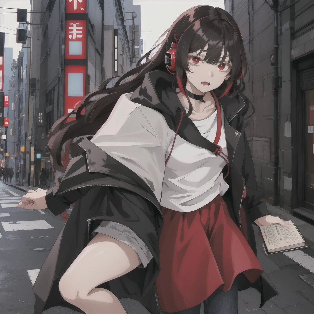 Tokyo Revengers screenshot. 16 year old girl, long straight black hair with red and white highlights and bangs. She has red eyes and has a serious expression, while she held a book in her hand. She is dressed in a black trench coat with urban details, underneath she has a loose white t-shirt and baggy jeans, and she is wearing headphones. She is standing in an alley at night. Tokyo Revengers drawing style.