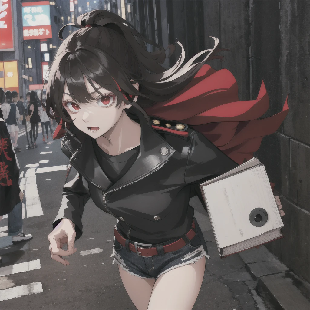 Tokyo Revengers screenshot.  girl, long straight black hair with red and white highlights and bangs. She has red eyes and has a serious expression, while she held a book in her hand. She is dressed in a black trench coat with urban details, underneath she has a loose white t-shirt and baggy jeans, and she is wearing headphones. She is standing in an alley at night. Tokyo Revengers drawing style.