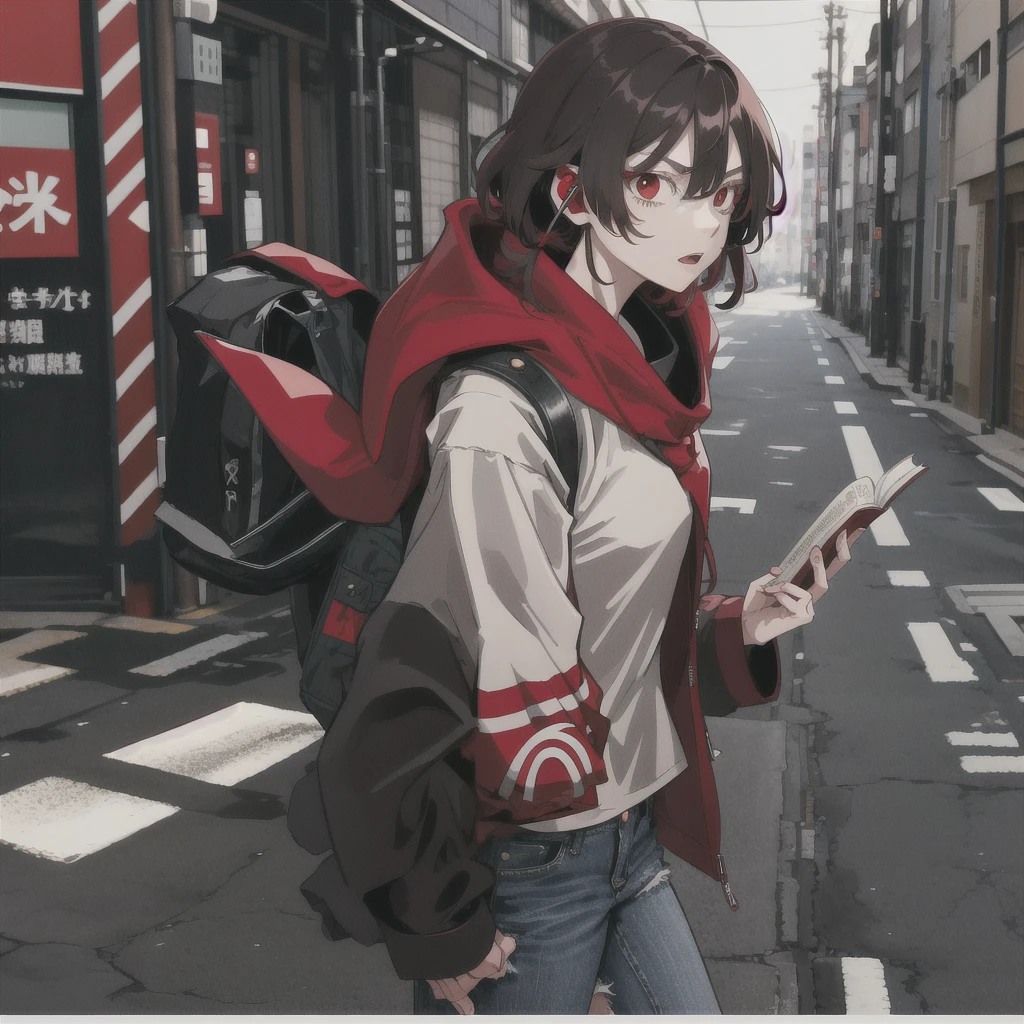 Tokyo Revengers screenshot. 16 year old girl, long straight black hair with red and white highlights and bangs. She has red eyes and has a serious expression, while she held a book in her hand. She is dressed in a black trench coat with urban details, underneath she has a loose white t-shirt and baggy jeans, and she is wearing headphones. She is standing in an alley at night. Tokyo Revengers drawing style.