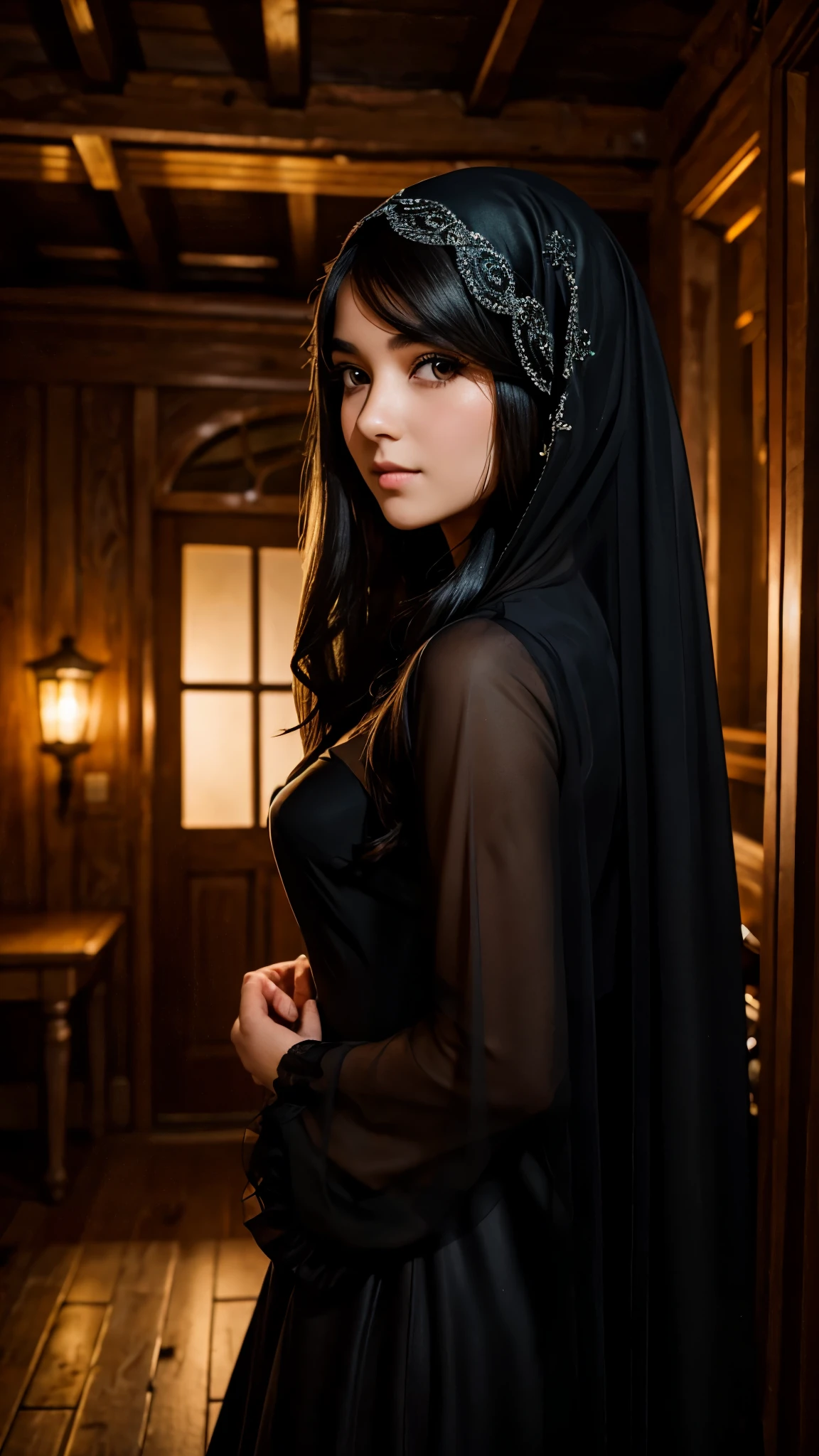 Beautiful black-haired girl with brown eyes and long hair in elegant black dress with veil on her face in an old house at night photo shoot 