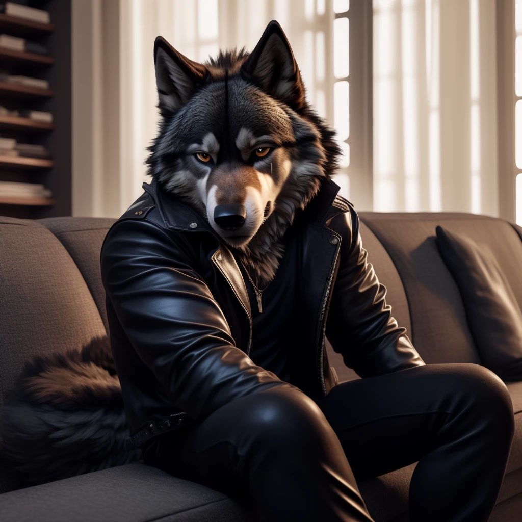 Posing, Male, 30 years old, sad face, crying, black leather jacket, anthro, sad wolf ears drooping, (black fur:1.5), wolf, log cabit backgroud, 8k, hi res, (best quality, masterpiece), (wolf tail:1.5), detailed fur, sitting on couch