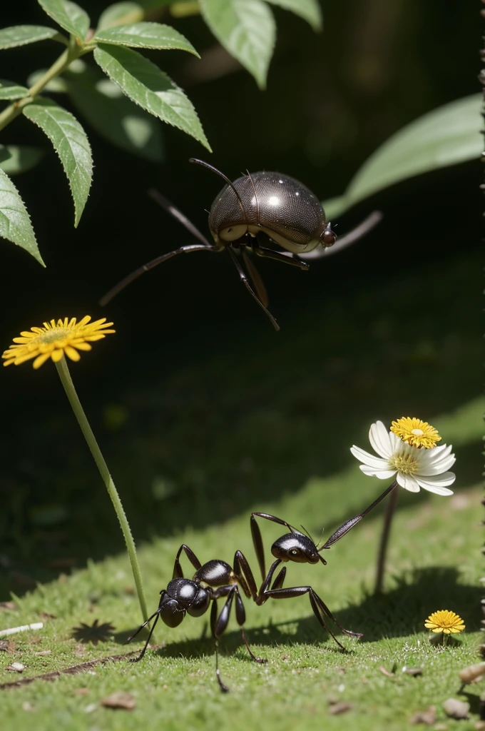 IMAGINE ESSA CENA COM UMA IMAGEM PROPORÇAO 16:9
A Pixar animation style image of an ant. The ant should be anthropomorphic with large, expressive eyes, a cheerful smile, and a friendly demeanor. It should have a shiny, black body with detailed, segmented legs and antennae. The background should be vibrant and colorful, resembling a lush garden with flowers, leaves, and tiny mushrooms. The scene should be bright and whimsical, with the ant possibly interacting with other small insects or exploring its environment.