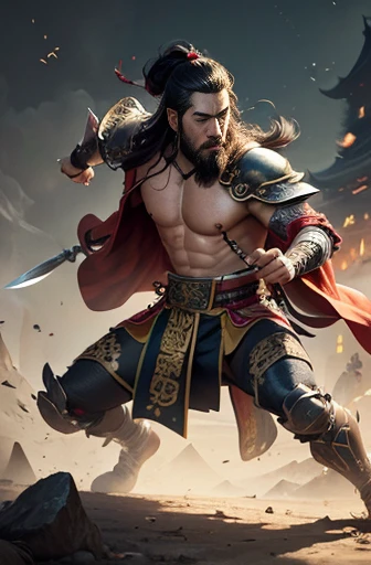 (((China-style,Ink Painting,bust,Bright colors,Han Dynasty, China,Hanfu,armor,Guan Yu,Guan Yunchang,mens,A ruddy, square face,Hold it with your right hand(Close the knife)Qinglongyan Moon Knife,Stroking his beard with his left hand,Long Hair,Lowly Eyes,Green Robe))), (((Highest quality))), (((masterpiece))), (((AS-Adult))), ((( Japanese ))), Looking up from your knees, Handsome Asian samurai,Perfect figure, Modern Samurai, ((( Asian))), Wear gloves,The left arm is made of steel and metal tips.,Made with protective equipment, Eyes are pulled, (( Appear under the chest )), (( Small dental floss )), Simon Bisley, Nearly (Simon Bisley)Castle City Wilderness,For high resolution posters, Hair Straightening, Minimum clothing, armor (Crazy clothes ), Lots of chips and rivets, Tribal Tattoos, (((Full Body LesbiStraight brunette hair,Coloured hair ends