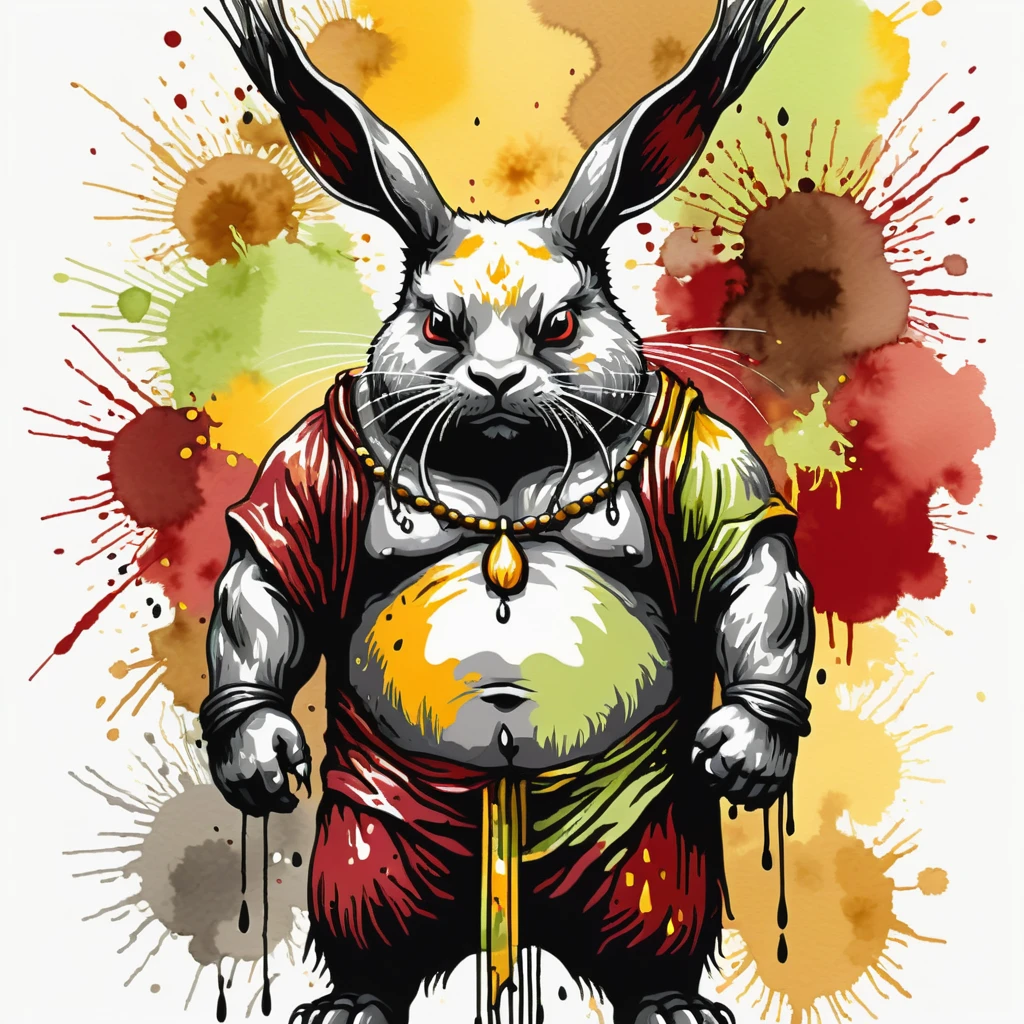Babamon in gray white light-green red yellow brown palette with background, ink stain art style
