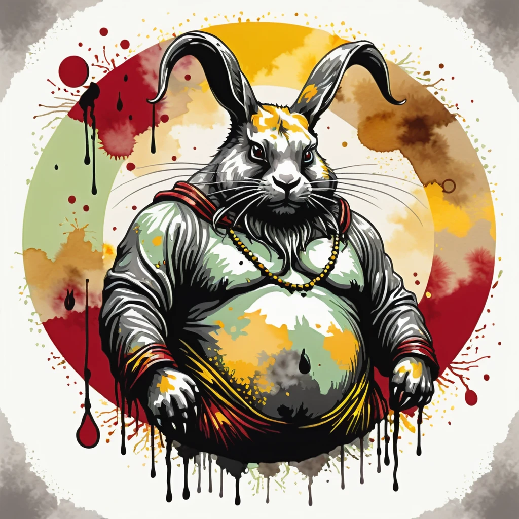 Babamon in gray white light-green red yellow brown palette with background, ink stain art style