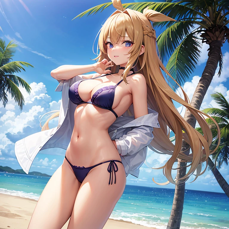 You will be able to create anime images of a 19-year-old woman, standing on the sand of the beach in Japan with few palm trees around on a starry night with few clouds. (Side photo). She measures 172cm and her measurements are B 60, W 30 and H 90; She has short and straight peridot hair, her eyes are purple jade, she has a flirtatious expression when she says something while doing a pose, she wears a white shirt with unbuttoned buttons, a blue triangular bra with flower edges, a colored blue bikini panties and brown sandals.