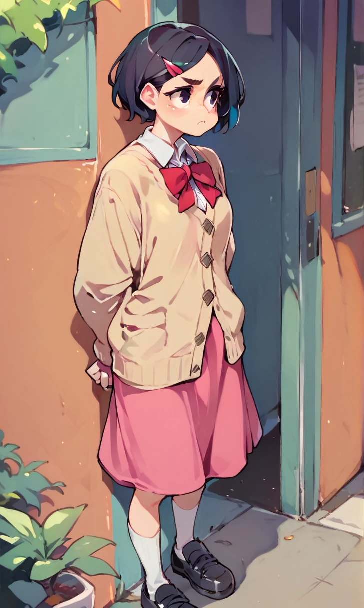 (score_9, score_8_up), score_7_up, score_6_up, score_5_up, score_4_up, Zenko, 1girl, black hair, hair ornament, hairclip, black eyes, short hair, beige cardigan, cardigan, pink dress, red ribbon, standing in park, hands behind back, looking away, pout, white socks, black footwear, cheeks, pout, indoors, bedroom, close-up xaxaxa