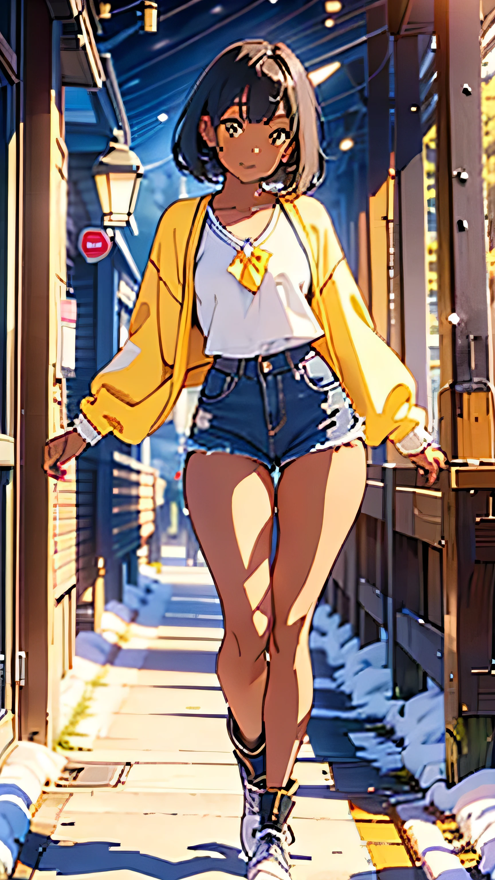 masterpiece, best quality, ((dark skin)), short hair, yellow eyes, black hair, beautiful girl smiling, thin, full body, ((kawaii)), ((cute)), winter clothes, (small-breasts:0.5), ((short chest)), ((big butt)), ((wide thigh)), walking, cold scenario, (Ultra High Resolution: 1.2), (RAW Photo: 1.2)