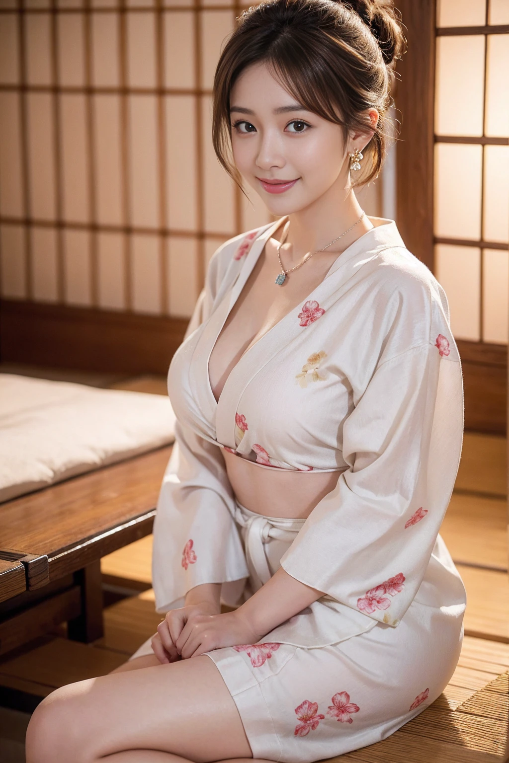 Highest quality,8K, Detailed facial depiction, Detailed description of the eyes,One Woman, Light brown hair(Short Hair),Hair tied up,Beautiful Japanese Girl,24-years-old,Cute eyes,Cute Smile,Yukata beauty,White floral yukata,Slender body, Large, plump breast size, Long and beautiful legs,Smiling, Colorful earrings,necklace,Are standing,Beautiful nape,Summer festival