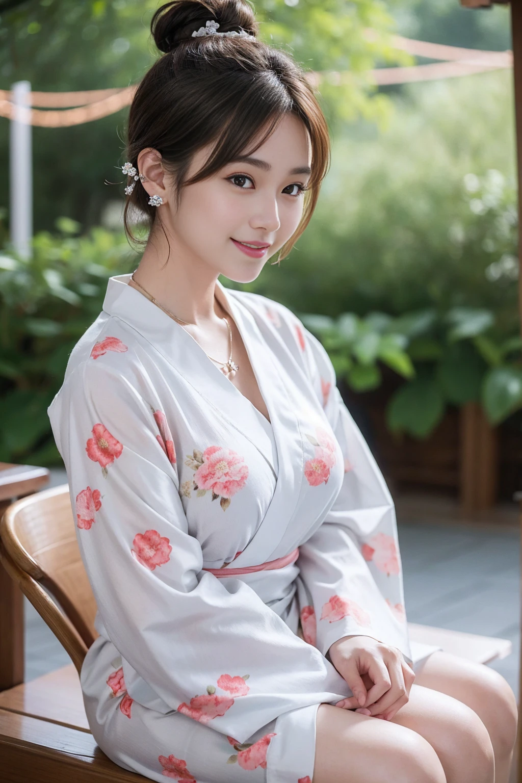 Highest quality,8K, Detailed facial depiction, Detailed description of the eyes,One Woman, Light brown hair(Short Hair),Hair tied up,Beautiful Japanese Girl,24-years-old,Cute eyes,Cute Smile,Yukata beauty,White floral yukata,Slender body, Large, plump breast size, Long and beautiful legs,Smiling, Colorful earrings,necklace,Are standing,Beautiful nape,Summer festival