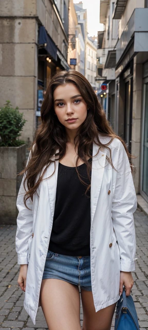 femme de 29 ans, long brown slightly curly hair, Russe, yeux bleus, visage parfait, maquillage professionnel , wearing light clothing, dans la rue
