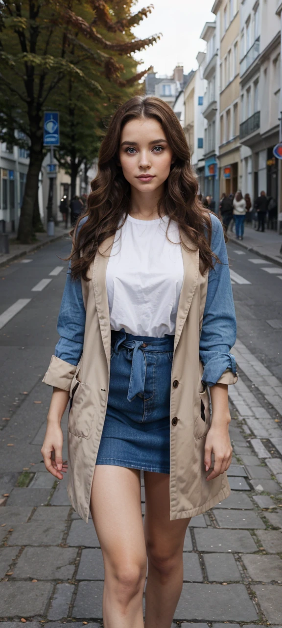 femme de 29 ans, long brown slightly curly hair, Russe, yeux bleus, visage parfait, maquillage professionnel , wearing light clothing, dans la rue