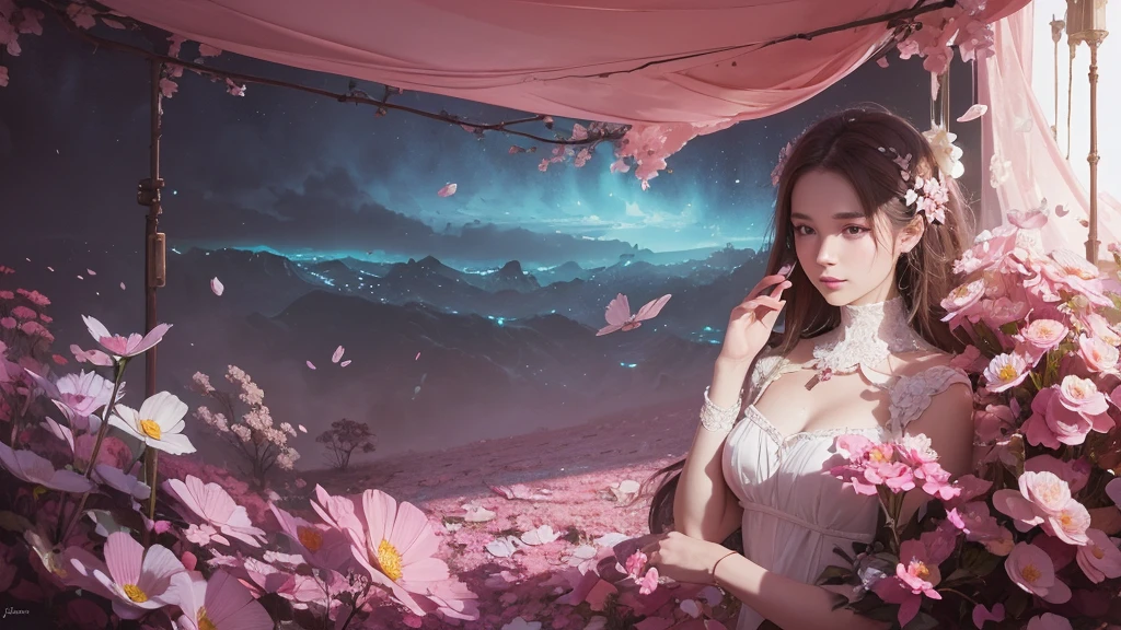 32k, Masterpiece, Highest quality, One girl, Detailed eyes, flower,Sandersonia, Pink and brown style,A dreamy, romantic piece,Pale pink, Mysterious Leaves,A playful arrangement,Fantasy,High Contrast,Ink strokes,explosion,Exposure, Impression of pink and brown tones,Abstract,((Watercolours by John Berkey and Jeremy Mann )) Brush strokes,Negative Space, Tyndall effect,
