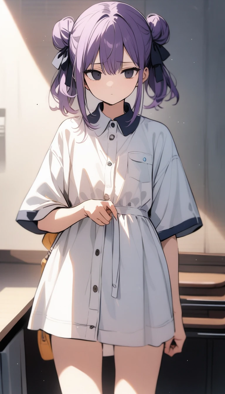 purple hair, double bun, hair ribbon, empty eyes,black eyes, expressionless eyes, cowboy shot,simple background masterpiece, best quality, very aesthetic