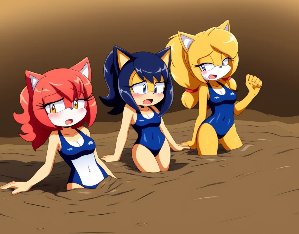 Mobian girls, best quality, HD, full body, sexy breasts girl, fox girl, hair, group lined up, group together, 20girl, group peril, multiple girls, 5girls together, hair, 5girls upper body, 20girls in quicksand, hair, dripping, twintails, curly hair, hair, cowboy shot, group, multiple girls, open mouth, masterpiece, teranen, sad, one-piece swimsuit, quicksand, sinking, 20girls in quicksand, scream, hands up, gurgling, drowning, orgasm, challenge, lying, on back, group lying, group sinking, school swimsuit, panic, peril, swimsuit, one-piece swimsuit, school swimsuit, old school swimsuit, blue one-piece swimsuit, name tag