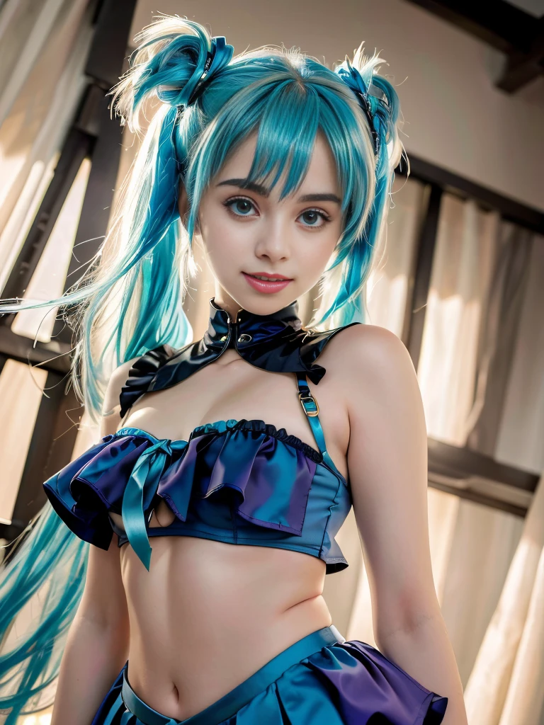 (((Details in Ultra HD quality, real-photo-realistic, Ideal))), (morbid light:1.2), (dynamic angle), raw photo, (Hatsune Miku), young, Beautiful, Very thin, skinny, blue fur, in highly detailed sailor suit, (ultra detailed body), sleeveless top, a short black skirt, (light smile:0.8), moonlight passing through hair, (beautiful random background:1.3), (sharp), Exposure Mix, bokeh, Luz outfit, high contrast, (muted colors, muted colors, calming tones:1.3), Low saturation, morbid