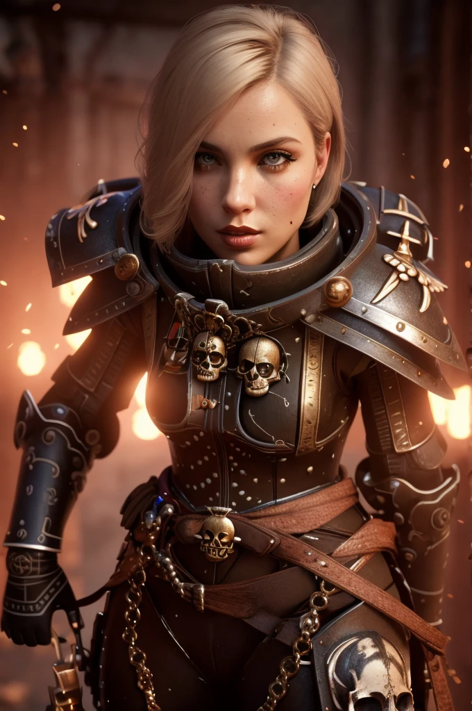 a highly detailed and realistic portrait of a beautiful blonde woman wearing power armor with a skull emblem, looking directly at the viewer, ultra-detailed, 8k, photorealistic, cinematic lighting, dramatic color palette, masterpiece, edg quality
