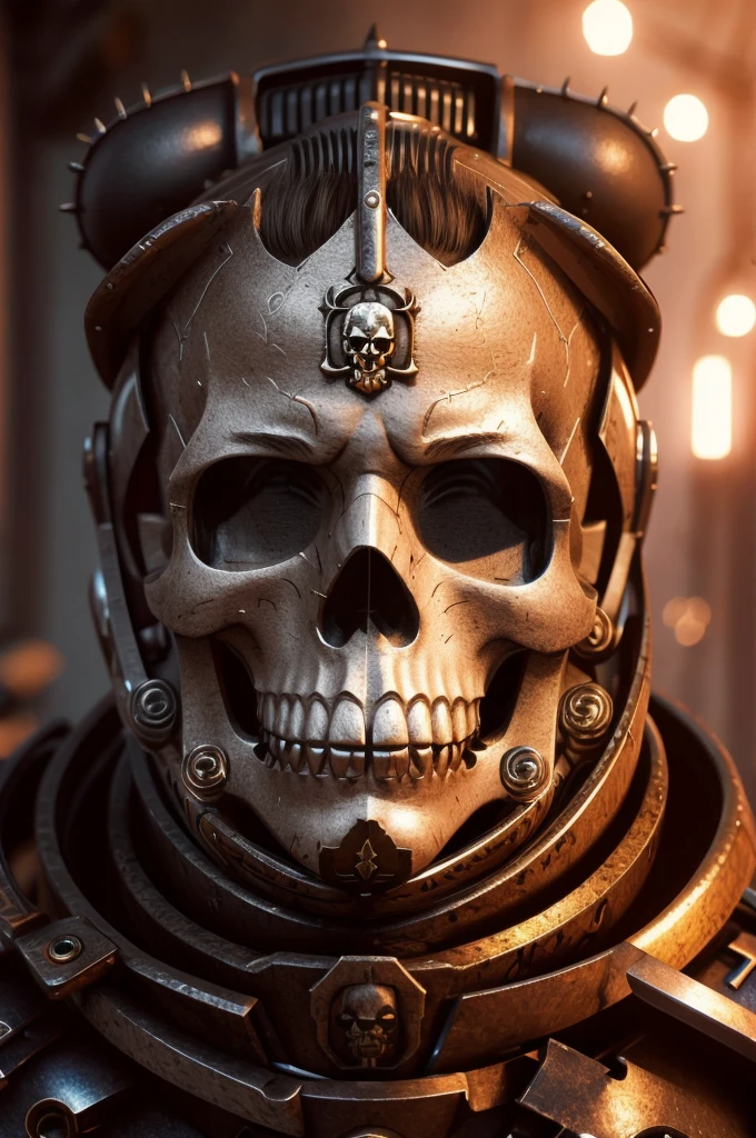 a highly detailed and realistic portrait of a beautiful blonde woman wearing power armor with a skull emblem, looking directly at the viewer, ultra-detailed, 8k, photorealistic, cinematic lighting, dramatic color palette, masterpiece, edg quality