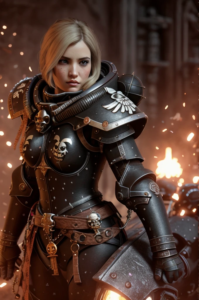 a highly detailed and realistic portrait of a beautiful blonde woman wearing power armor with a skull emblem, looking directly at the viewer, ultra-detailed, 8k, photorealistic, cinematic lighting, dramatic color palette, masterpiece, edg quality