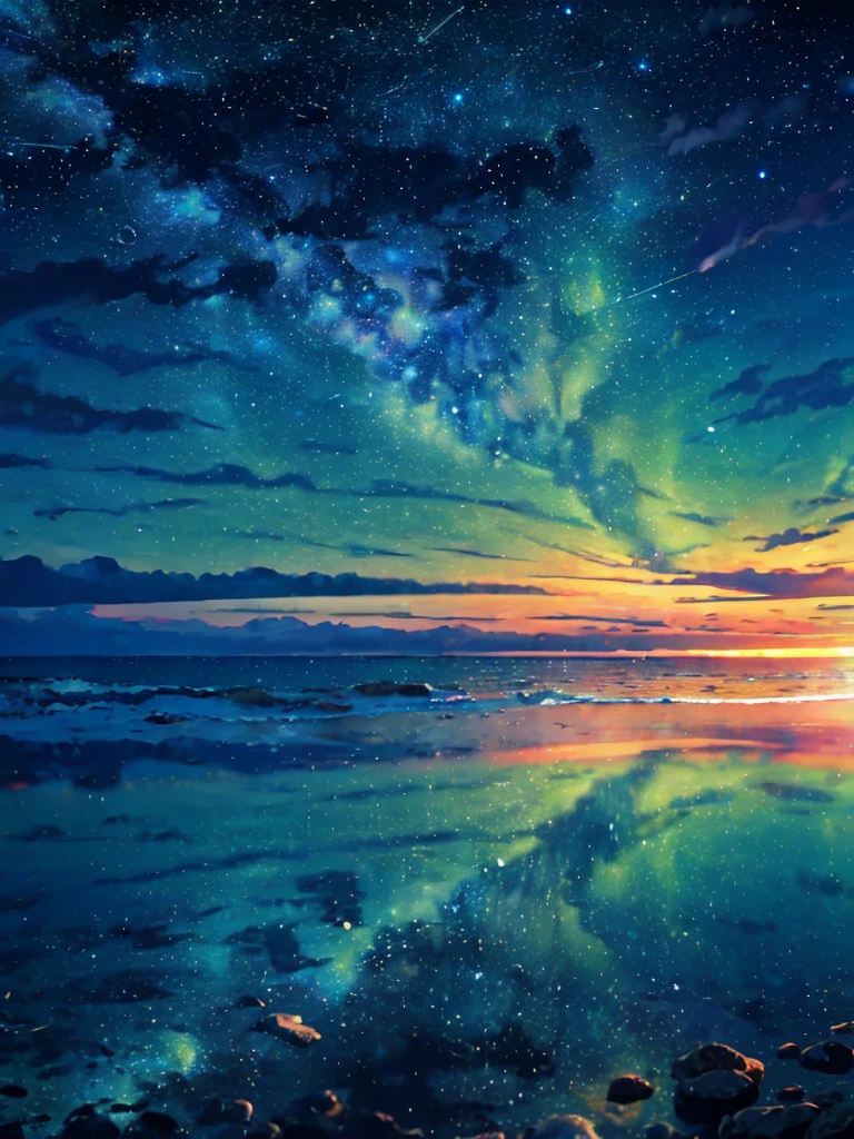 (zoom:1.1), (meteor shower:1.2), (comet:1.1), low angle, arora borealis, shooting star, top quality, masterpiece, clouds, colorful, southeast Asian beach, summer, seascape, small islands