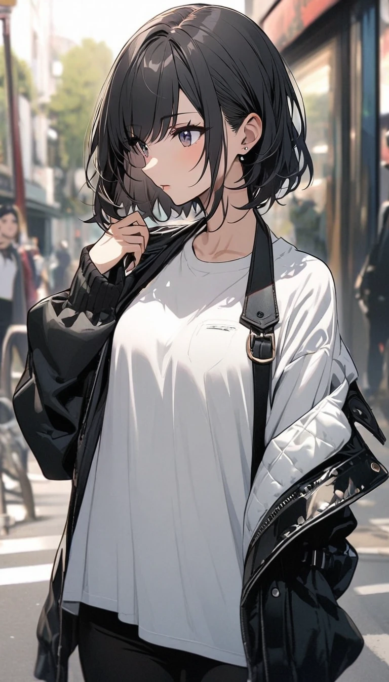 black hair, white shirt, jacket, 1girl, stylish