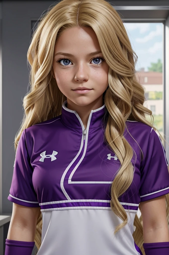 Screenshot of my hero academia, a girl with wavy blonde hair with long purple locks and a gallusa. She has honey-colored eyes with light purple and has a calm expression. She is wearing the UA uniform and in the background she has a UA school class and this stop and have my hero academia style 