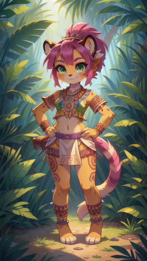 Furry girl, young, cheetah, pink hair, spiky hairstyle, short spiky ponytail, Green eyes, two tone body fur, yellow body fur, clear yellow body fur, small breasts, feets whit three toes, full body, :3, detailed body fur, detailed eyes, detailed face, glistering body, shiny body, gorgeous body, masterpiece, high quality, detailed shadows, detailed lighting, Colorful tribal Dress, headdress, thick eyelashes, Makeup, purple eyeshadow, medium Hair, Jungle, Jungle Detail Outdoor Background, Ref, Professional Lighting, ((aztec topwear, midriff, aztec bottomwear)), (Aztec, Aztec Girl:1.2), full body, feets with three toes, 3 toes, looking at you, hands on hips,