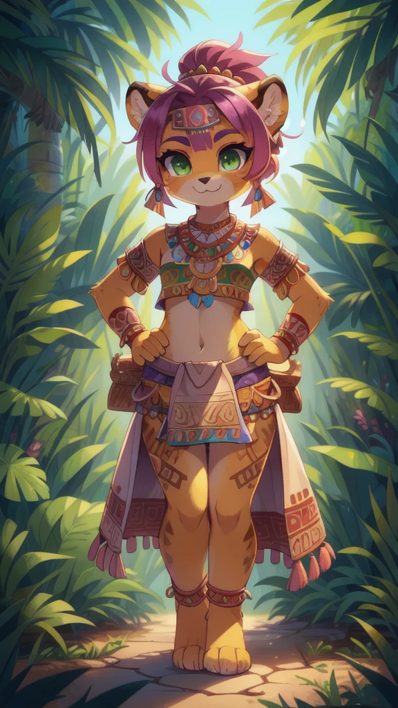 Furry girl, young, cheetah, pink hair, spiky hairstyle, short spiky ponytail, Green eyes, two tone body fur, yellow body fur, clear yellow body fur, small breasts, feets whit three toes, full body, :3, detailed body fur, detailed eyes, detailed face, glistering body, shiny body, gorgeous body, masterpiece, high quality, detailed shadows, detailed lighting, Colorful tribal Dress, headdress, thick eyelashes, Makeup, purple eyeshadow, medium Hair, Jungle, Jungle Detail Outdoor Background, Ref, Professional Lighting, ((aztec topwear, midriff, aztec bottomwear)), (Aztec, Aztec Girl:1.2), full body, feets with three toes, 3 toes, looking at you, hands on hips,