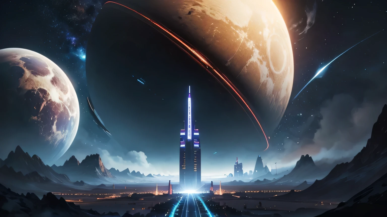 Sci-fi. Multiple planets in the sky. Futuristic roads and buildings are visible. Night sky. Blue. 