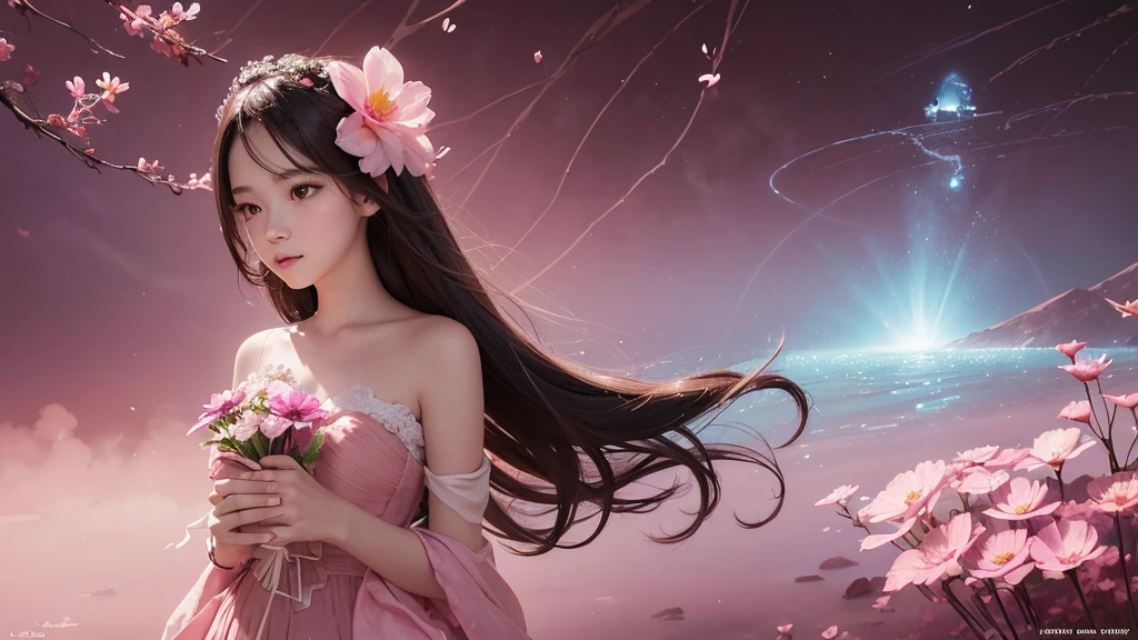 32k, Masterpiece, Highest quality, One girl, Detailed eyes, flower,Sandersonia, Pink and brown style,A dreamy, romantic piece,Pale pink, Mysterious Leaves,A playful arrangement,Fantasy,High Contrast,Ink strokes,explosion,Exposure, Impression of pink and brown tones,Abstract,((Watercolours by John Berkey and Jeremy Mann )) Brush strokes,Negative Space, Tyndall effect,