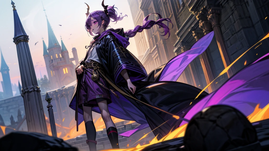 cheerful boy with open forehead. dark purple hair braided in a ponytail on the left side to one side. sinuous black horns wrapped in dark purple ribbon. pale violet eyes. in short dark purple shorts. long white T-shirt. dark purple knee-high socks. a white long robe with a hood flutters in the wind. black ancient stone walls of the castle purple light from lamps with gold ornaments