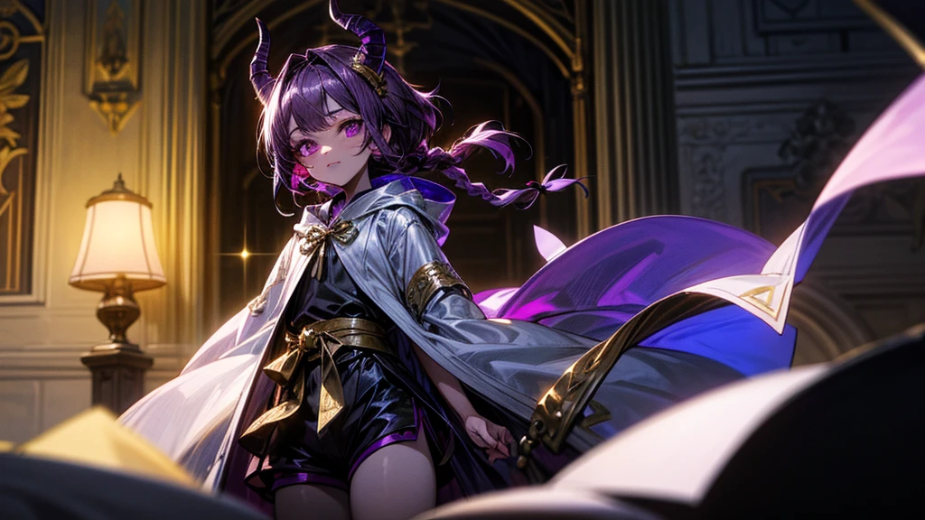cheerful boy with open forehead. dark purple hair braided in a ponytail on the left side to one side. sinuous black horns wrapped in dark purple ribbon. pale violet eyes. in short dark purple shorts. long white T-shirt. dark purple knee-high socks. a white long robe with a hood flutters in the wind. black ancient stone walls of the castle purple light from lamps with gold ornaments