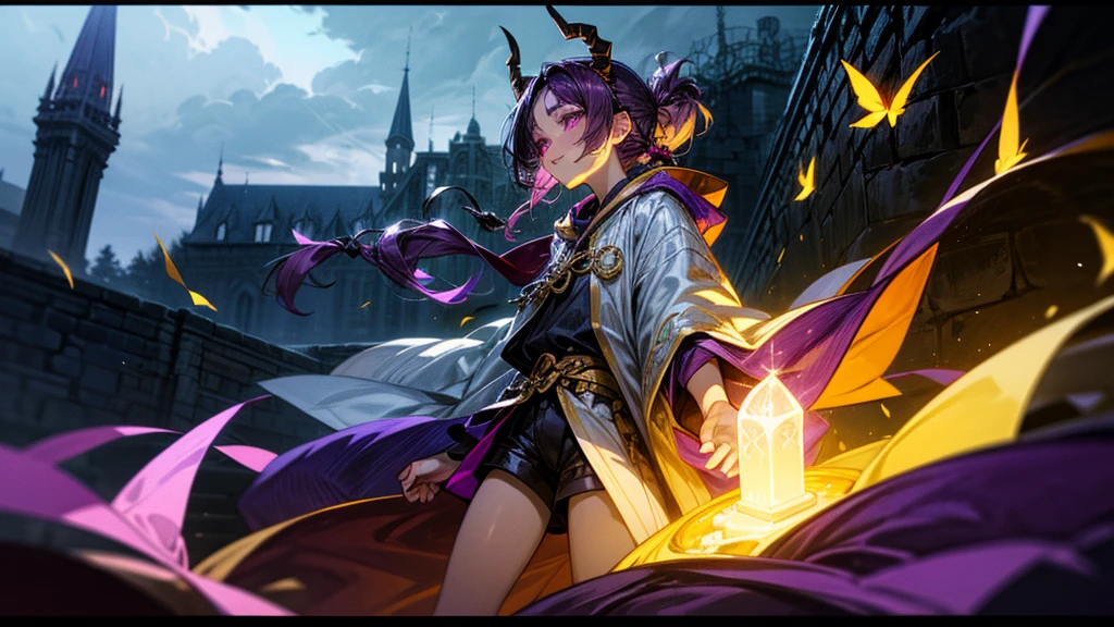 cheerful boy with open forehead. dark purple hair braided in a ponytail on the left side to one side. sinuous black horns wrapped in dark purple ribbon. pale violet eyes. in short dark purple shorts. long white T-shirt. dark purple knee-high socks. a white long robe with a hood flutters in the wind. black ancient stone walls of the castle purple light from lamps with gold ornaments