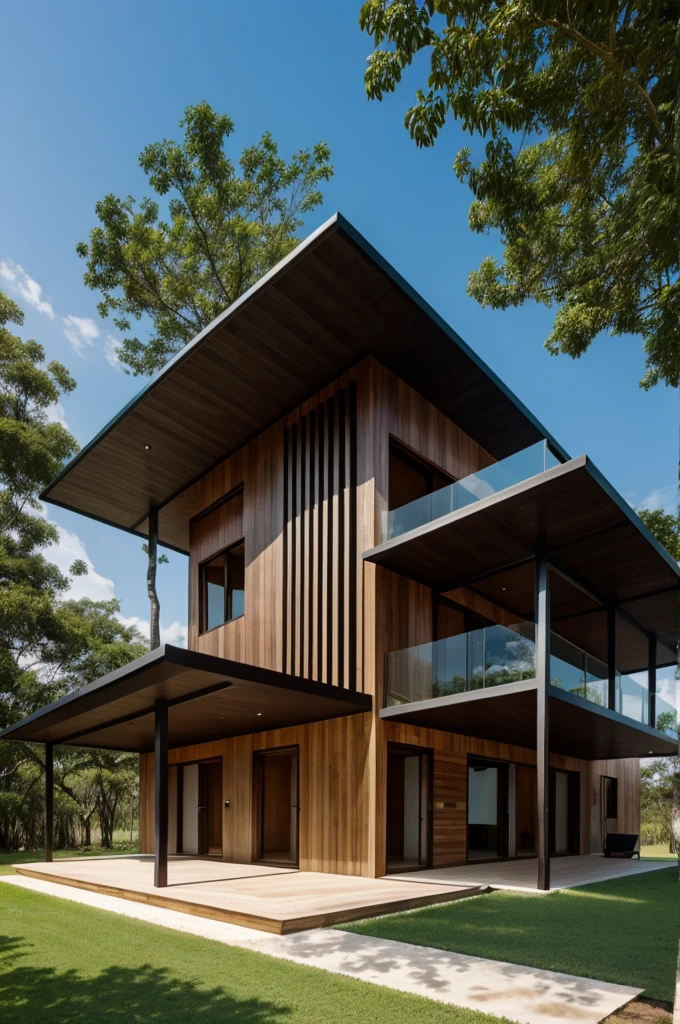 Generates a dark wooden stick house with a diagonal roof on a rural plot of Tamaulipas
